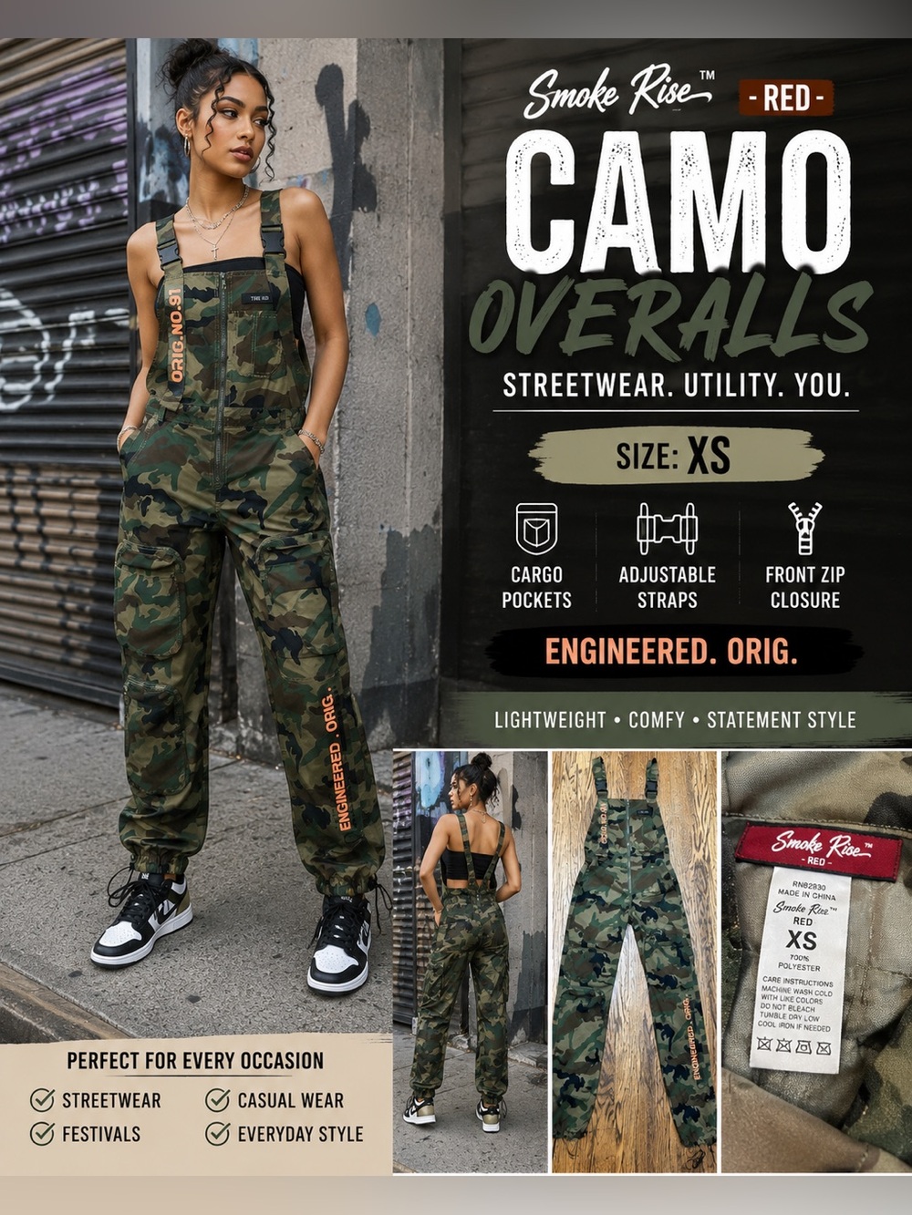 Smoke Rise RED Camo Women’s Utility Overalls XS Streetwear Cargo Jumpsuit